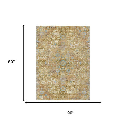 5' X 8' Gold And Copper Floral Medallion Washable Indoor Outdoor Area Rug HomeRoots