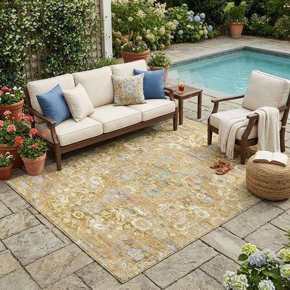 5' X 8' Gold And Copper Floral Medallion Washable Indoor Outdoor Area Rug HomeRoots