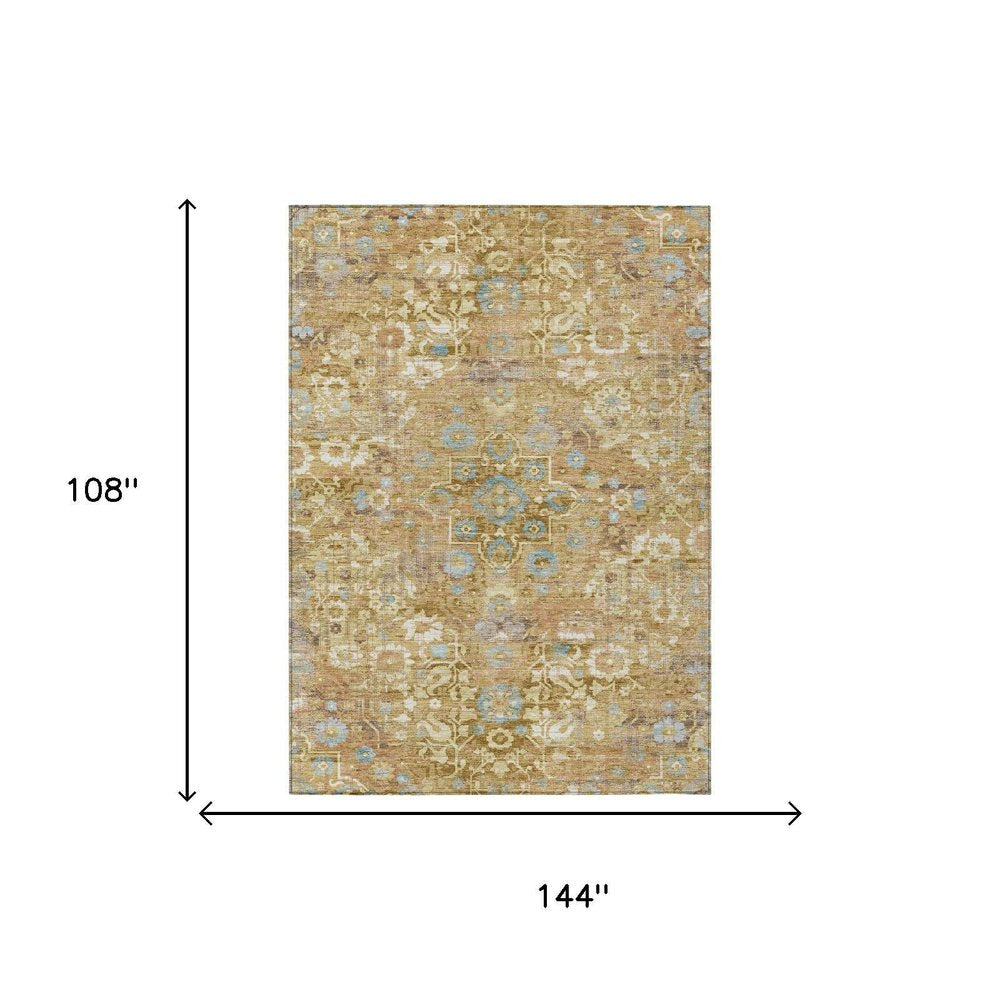 9' X 12' Gold And Copper Floral Medallion Washable Indoor Outdoor Area Rug — view 4