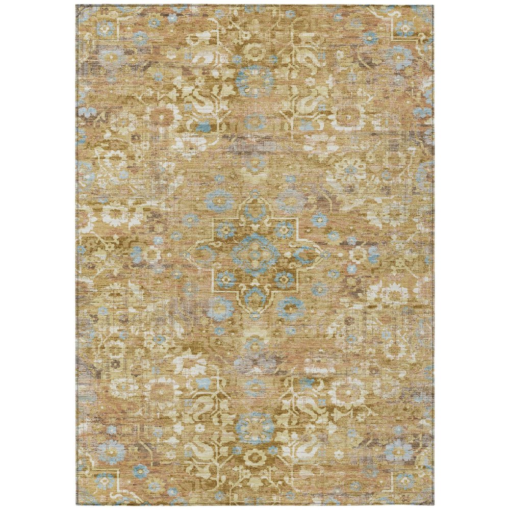 9' X 12' Gold And Copper Floral Medallion Washable Indoor Outdoor Area Rug — view 1