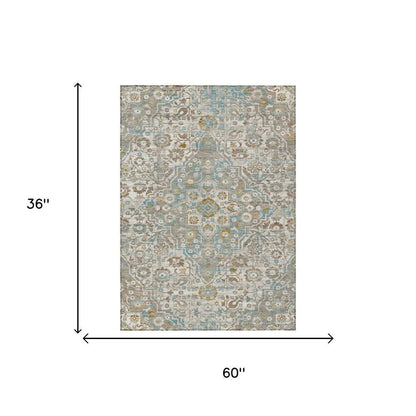 3' X 5' Ivory And Pewter Floral Medallion Washable Indoor Outdoor Area Rug HomeRoots