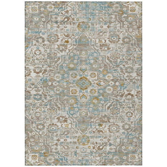 5' X 8' Ivory And Pewter Floral Medallion Washable Indoor Outdoor Area Rug
