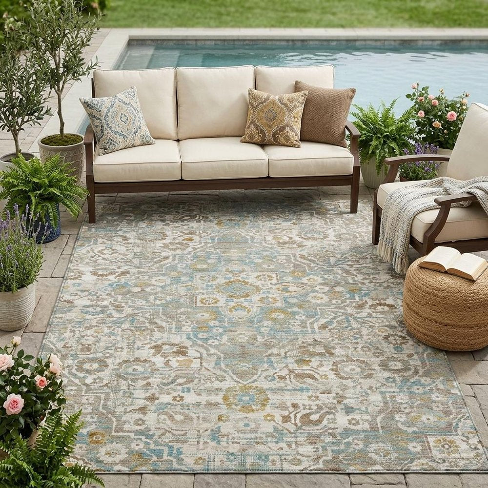 5' X 8' Ivory And Pewter Floral Medallion Washable Indoor Outdoor Area Rug — view 5