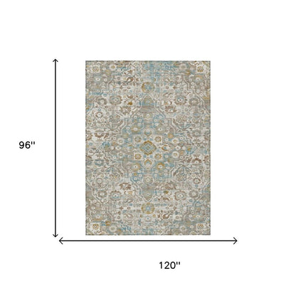 8' X 10' Ivory And Pewter Floral Medallion Washable Indoor Outdoor Area Rug HomeRoots