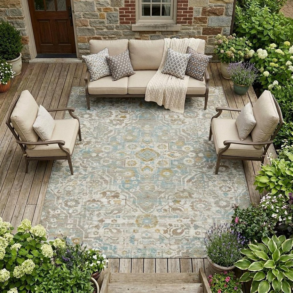 8' X 10' Ivory And Pewter Floral Medallion Washable Indoor Outdoor Area Rug — view 5