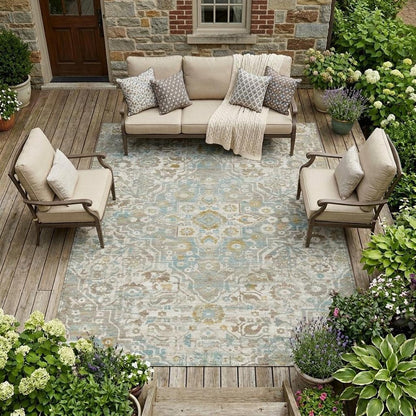 8' X 10' Ivory And Pewter Floral Medallion Washable Indoor Outdoor Area Rug HomeRoots