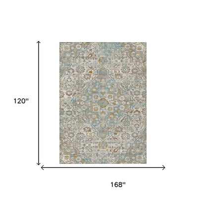 10' X 14' Ivory And Pewter Floral Medallion Washable Indoor Outdoor Area Rug