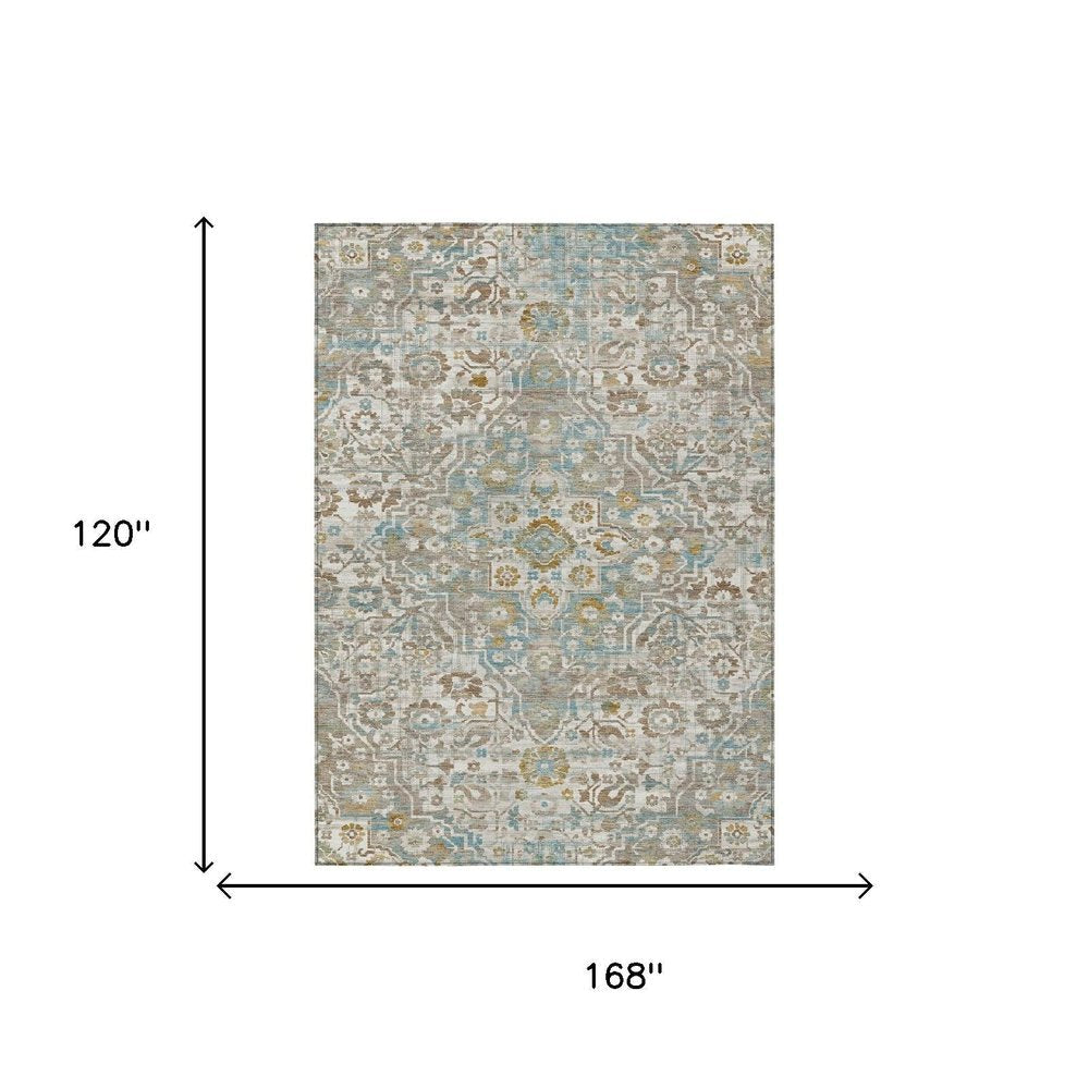 10' X 14' Ivory And Pewter Floral Medallion Washable Indoor Outdoor Area Rug — view 4