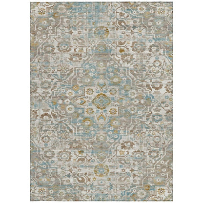10' X 14' Ivory And Pewter Floral Medallion Washable Indoor Outdoor Area Rug