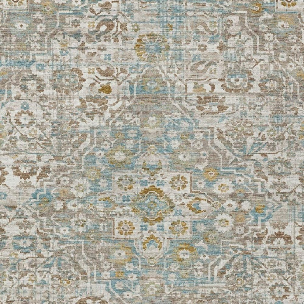 10' X 14' Ivory And Pewter Floral Medallion Washable Indoor Outdoor Area Rug