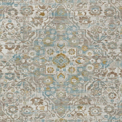 10' X 14' Ivory And Pewter Floral Medallion Washable Indoor Outdoor Area Rug