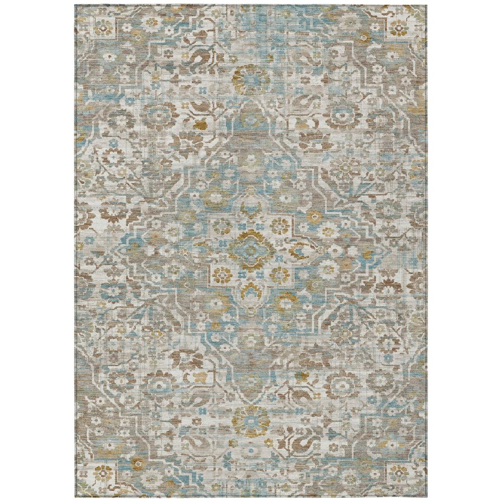 10' X 14' Ivory And Pewter Floral Medallion Washable Indoor Outdoor Area Rug — view 1