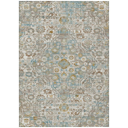 10' X 14' Ivory And Pewter Floral Medallion Washable Indoor Outdoor Area Rug
