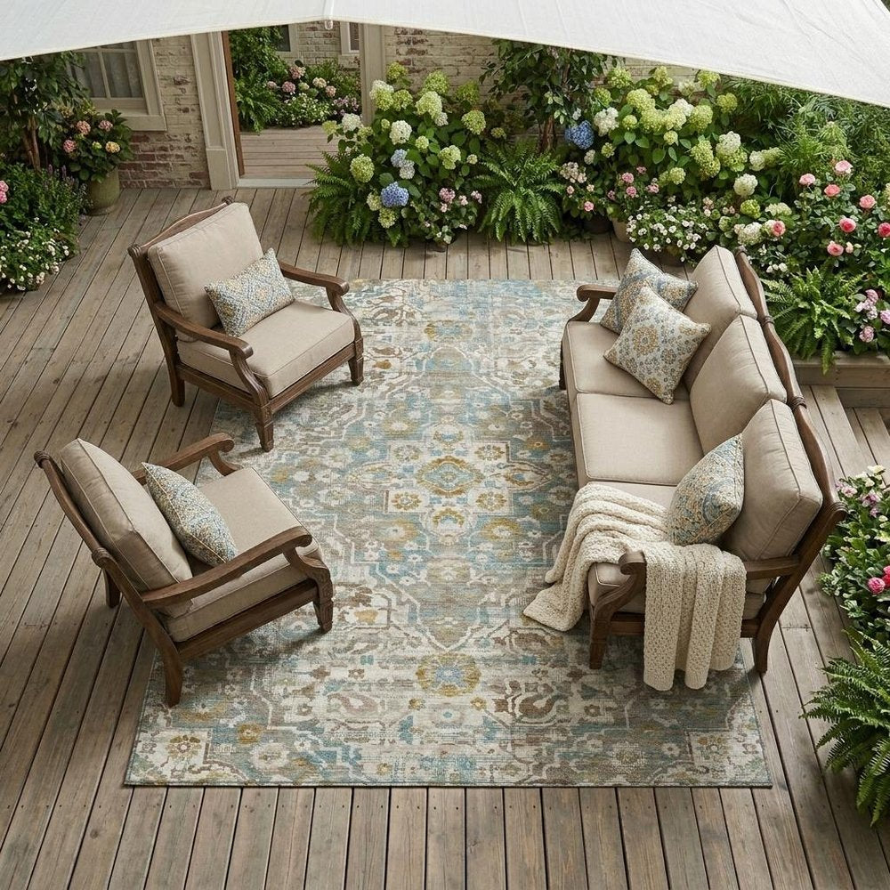 10' X 14' Ivory And Pewter Floral Medallion Washable Indoor Outdoor Area Rug HomeRoots