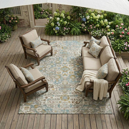 10' X 14' Ivory And Pewter Floral Medallion Washable Indoor Outdoor Area Rug