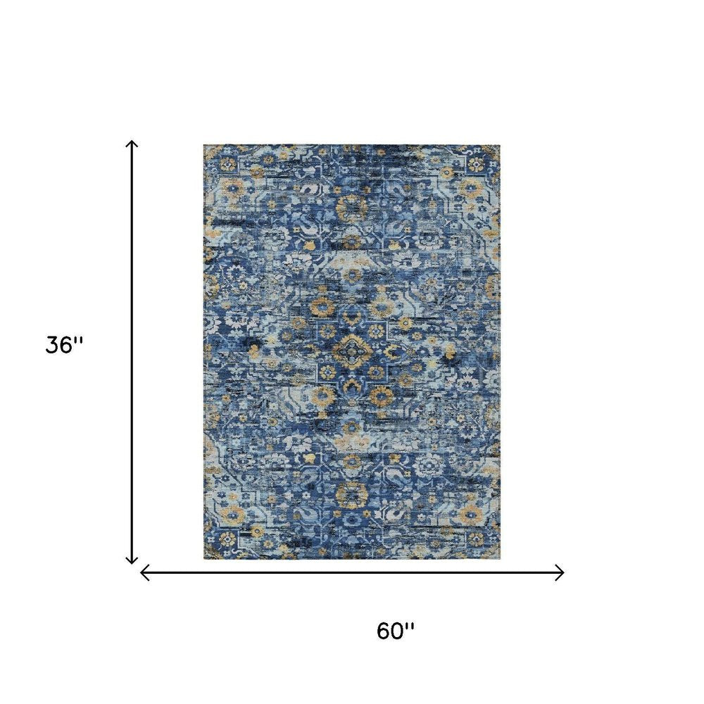 3' X 5' Navy Blue And Blue Floral Medallion Washable Indoor Outdoor Area Rug HomeRoots