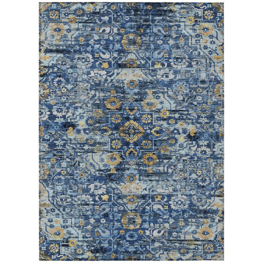 3' X 5' Navy Blue And Blue Floral Medallion Washable Indoor Outdoor Area Rug