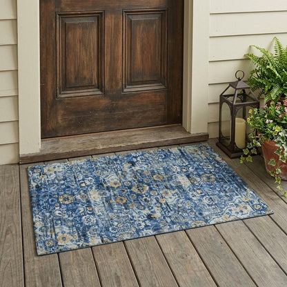 3' X 5' Navy Blue And Blue Floral Medallion Washable Indoor Outdoor Area Rug HomeRoots