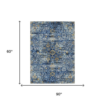 5' X 8' Navy Blue And Blue Floral Medallion Washable Indoor Outdoor Area Rug HomeRoots
