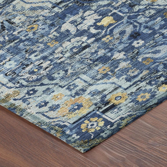 5' X 8' Navy Blue And Blue Floral Medallion Washable Indoor Outdoor Area Rug