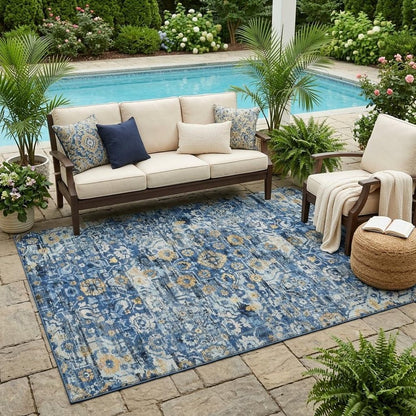 5' X 8' Navy Blue And Blue Floral Medallion Washable Indoor Outdoor Area Rug HomeRoots