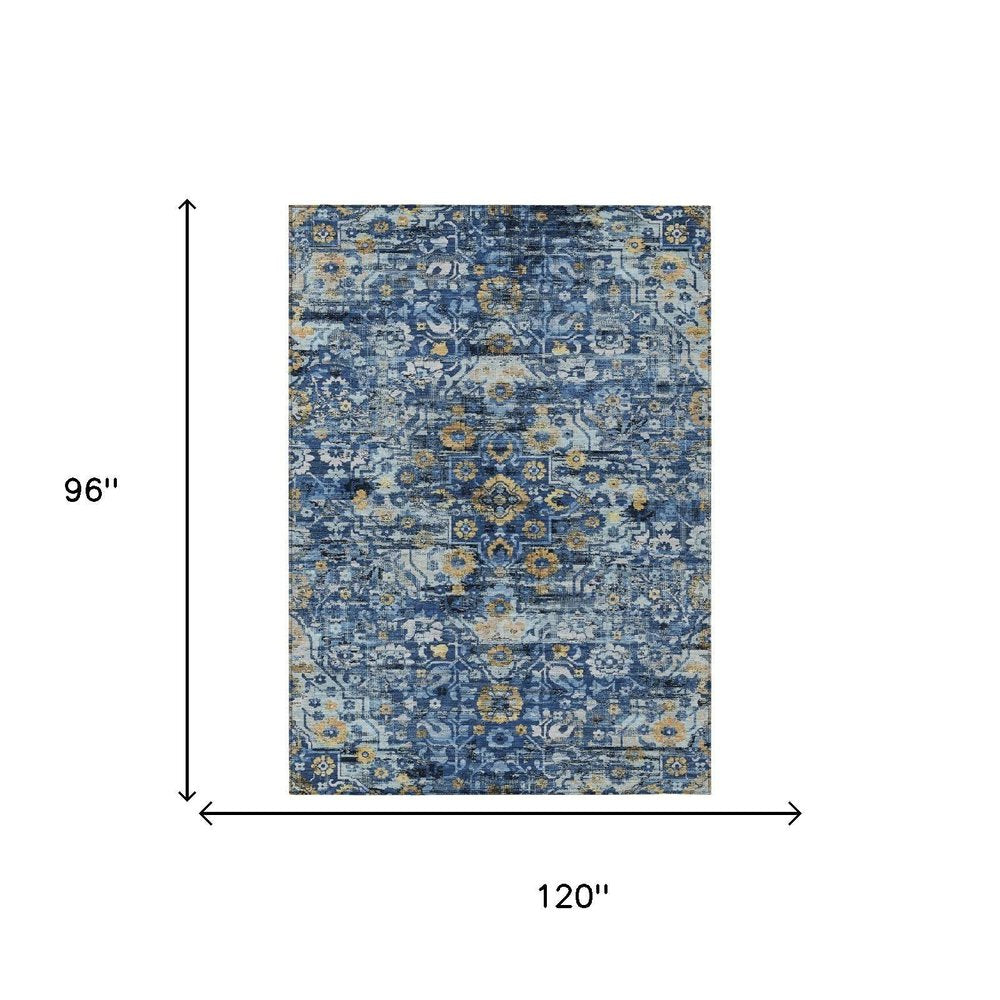 8' X 10' Navy Blue And Blue Floral Medallion Washable Indoor Outdoor Area Rug — view 4
