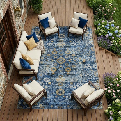8' X 10' Navy Blue And Blue Floral Medallion Washable Indoor Outdoor Area Rug HomeRoots