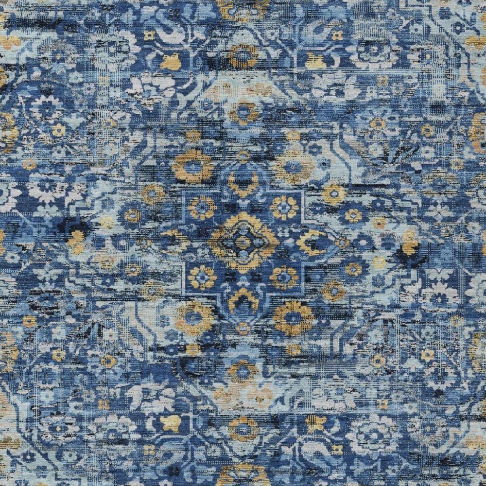 10' X 14' Navy Blue And Blue Floral Medallion Washable Indoor Outdoor Area Rug — view 6