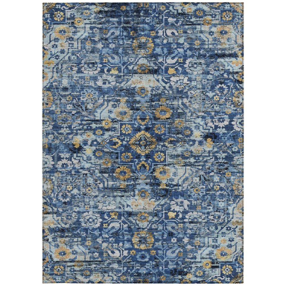 10' X 14' Navy Blue And Blue Floral Medallion Washable Indoor Outdoor Area Rug — view 7
