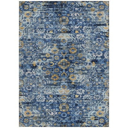 10' X 14' Navy Blue And Blue Floral Medallion Washable Indoor Outdoor Area Rug
