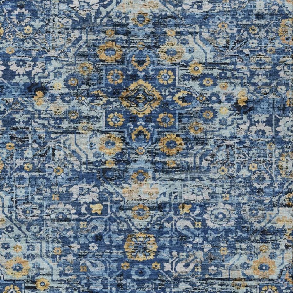10' X 14' Navy Blue And Blue Floral Medallion Washable Indoor Outdoor Area Rug