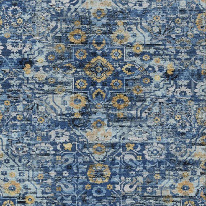 10' X 14' Navy Blue And Blue Floral Medallion Washable Indoor Outdoor Area Rug