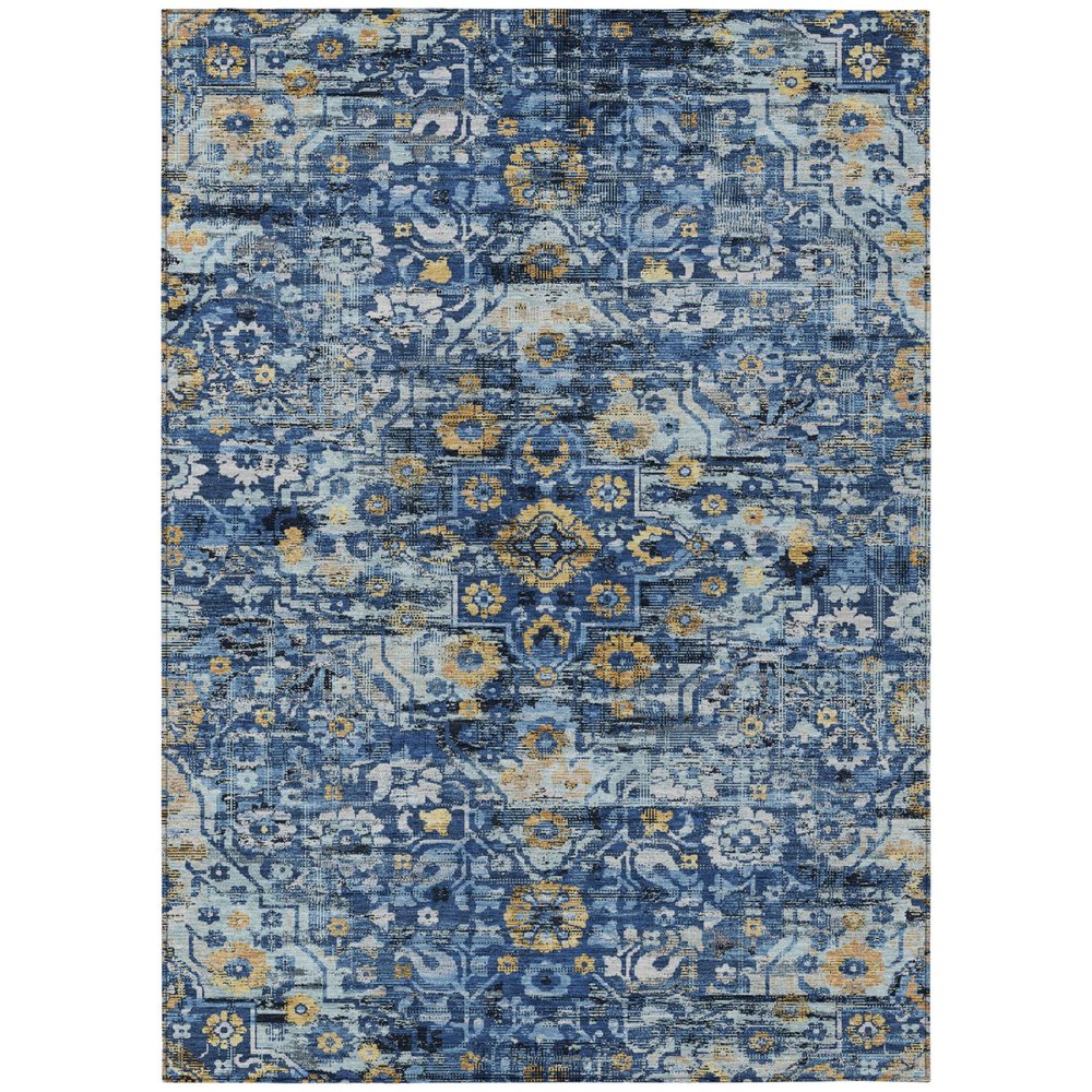 10' X 14' Navy Blue And Blue Floral Medallion Washable Indoor Outdoor Area Rug — view 2