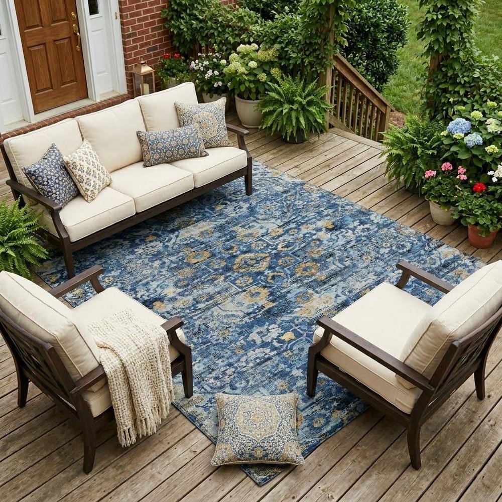 10' X 14' Navy Blue And Blue Floral Medallion Washable Indoor Outdoor Area Rug — view 6