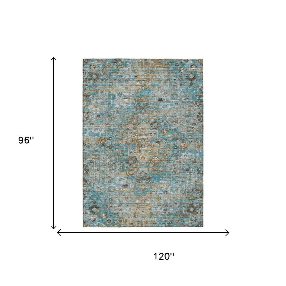 8' X 10' Teal Blue And Pewter Floral Medallion Washable Indoor Outdoor Area Rug HomeRoots