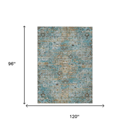 8' X 10' Teal Blue And Pewter Floral Medallion Washable Indoor Outdoor Area Rug HomeRoots