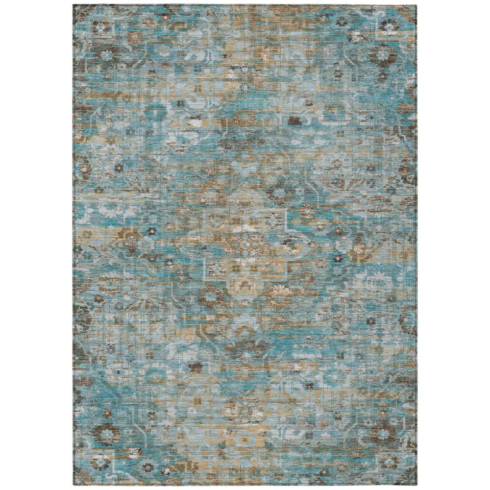 8' X 10' Teal Blue And Pewter Floral Medallion Washable Indoor Outdoor Area Rug — view 1