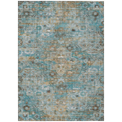 8' X 10' Teal Blue And Pewter Floral Medallion Washable Indoor Outdoor Area Rug HomeRoots