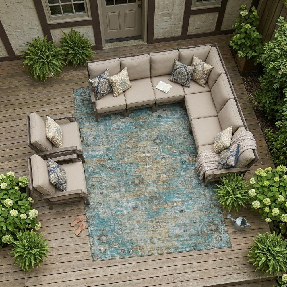 8' X 10' Teal Blue And Pewter Floral Medallion Washable Indoor Outdoor Area Rug — view 5