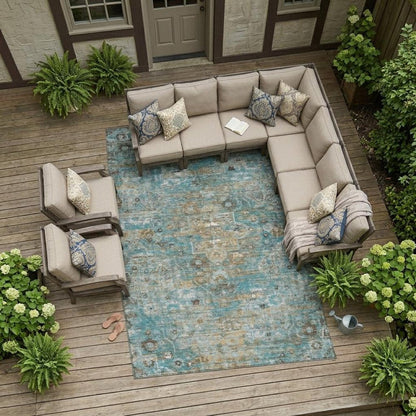 8' X 10' Teal Blue And Pewter Floral Medallion Washable Indoor Outdoor Area Rug HomeRoots