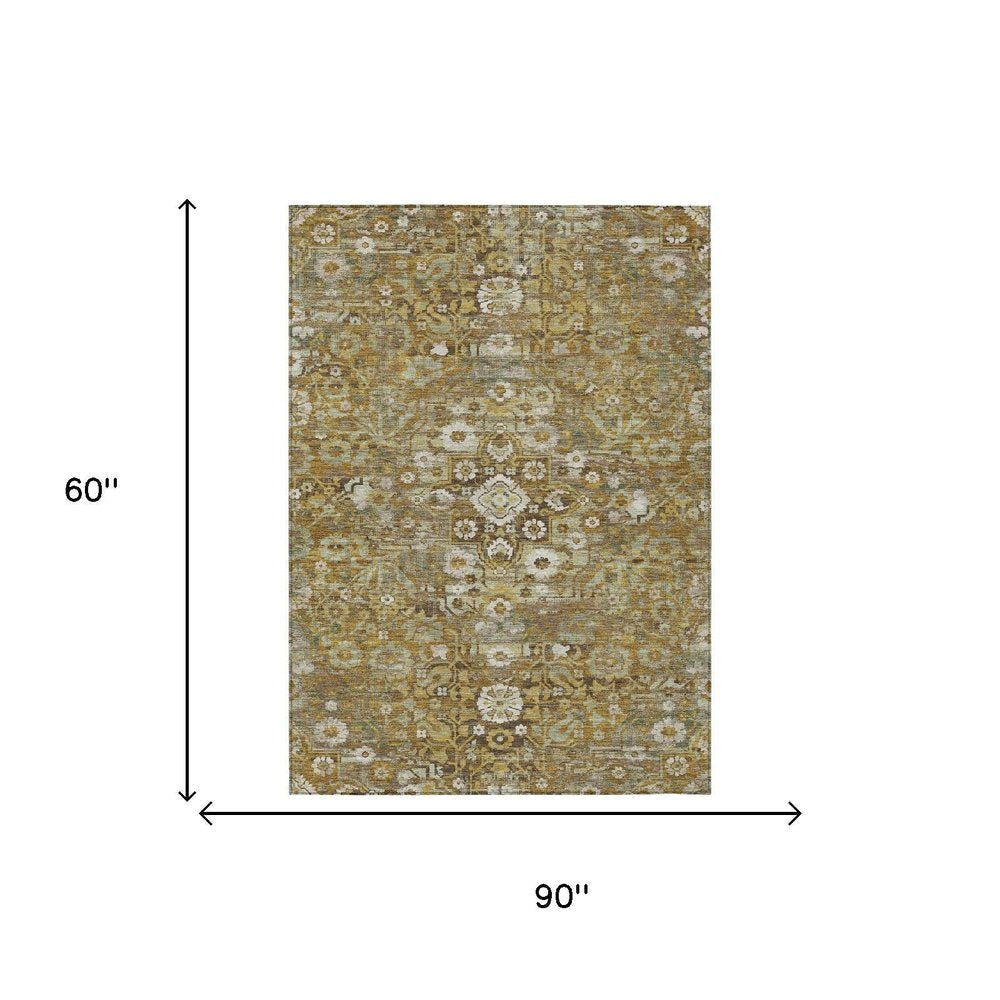 5' X 8' Walnut And Gold Floral Medallion Washable Indoor Outdoor Area Rug — view 4