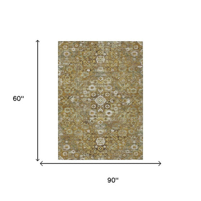 5' X 8' Walnut And Gold Floral Medallion Washable Indoor Outdoor Area Rug HomeRoots