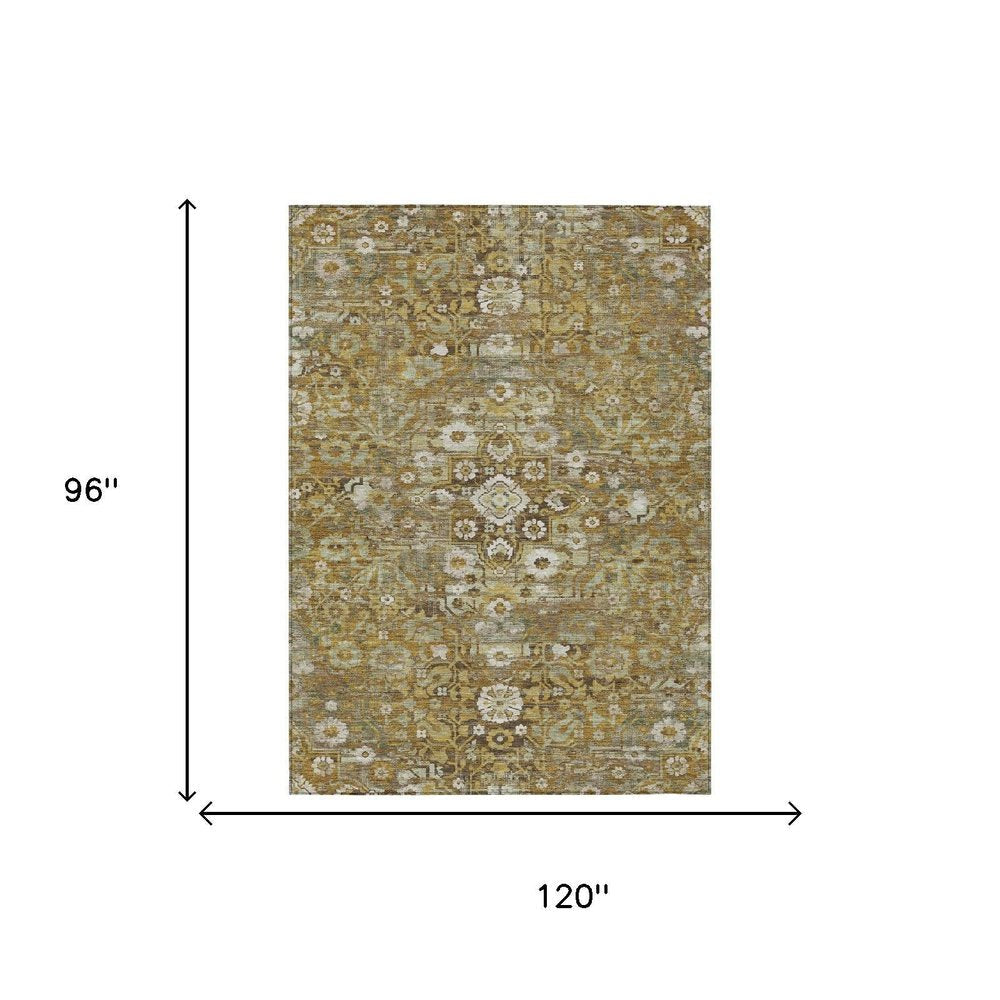 8' X 10' Walnut And Gold Floral Medallion Washable Indoor Outdoor Area Rug — view 7