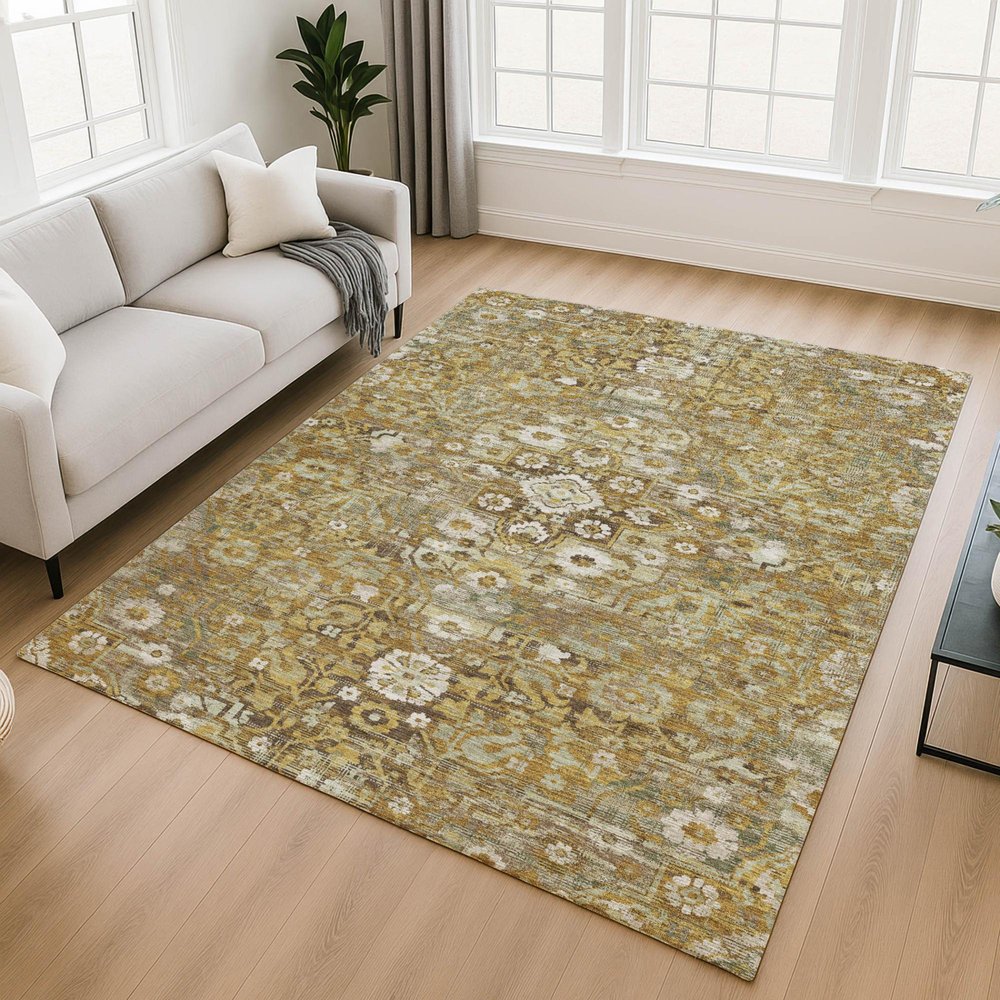 8' X 10' Walnut And Gold Floral Medallion Washable Indoor Outdoor Area Rug — view 4