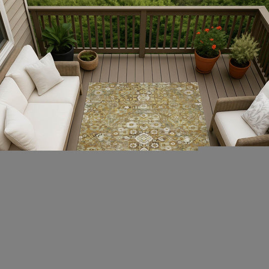 8' X 10' Walnut And Gold Floral Medallion Washable Indoor Outdoor Area Rug