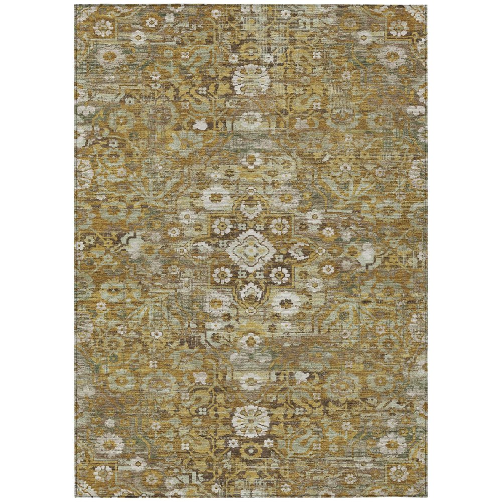 8' X 10' Walnut And Gold Floral Medallion Washable Indoor Outdoor Area Rug — view 1