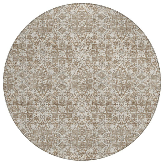 8' Beige And Brown Round Damask Washable Indoor Outdoor Area Rug
