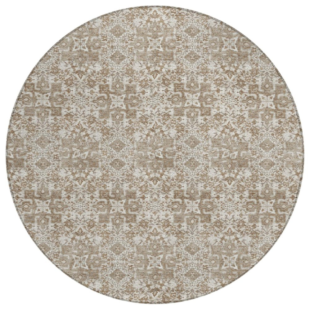 8' Beige And Brown Round Damask Washable Indoor Outdoor Area Rug — view 1