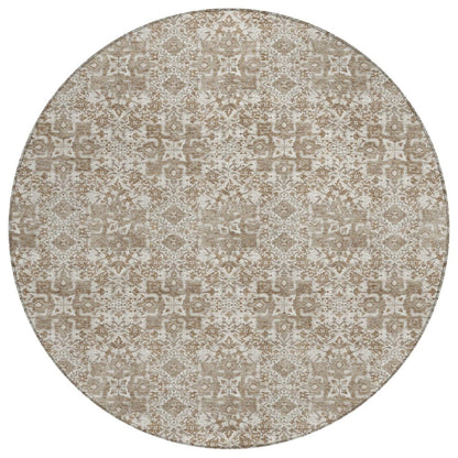 8' Beige And Brown Round Damask Washable Indoor Outdoor Area Rug HomeRoots
