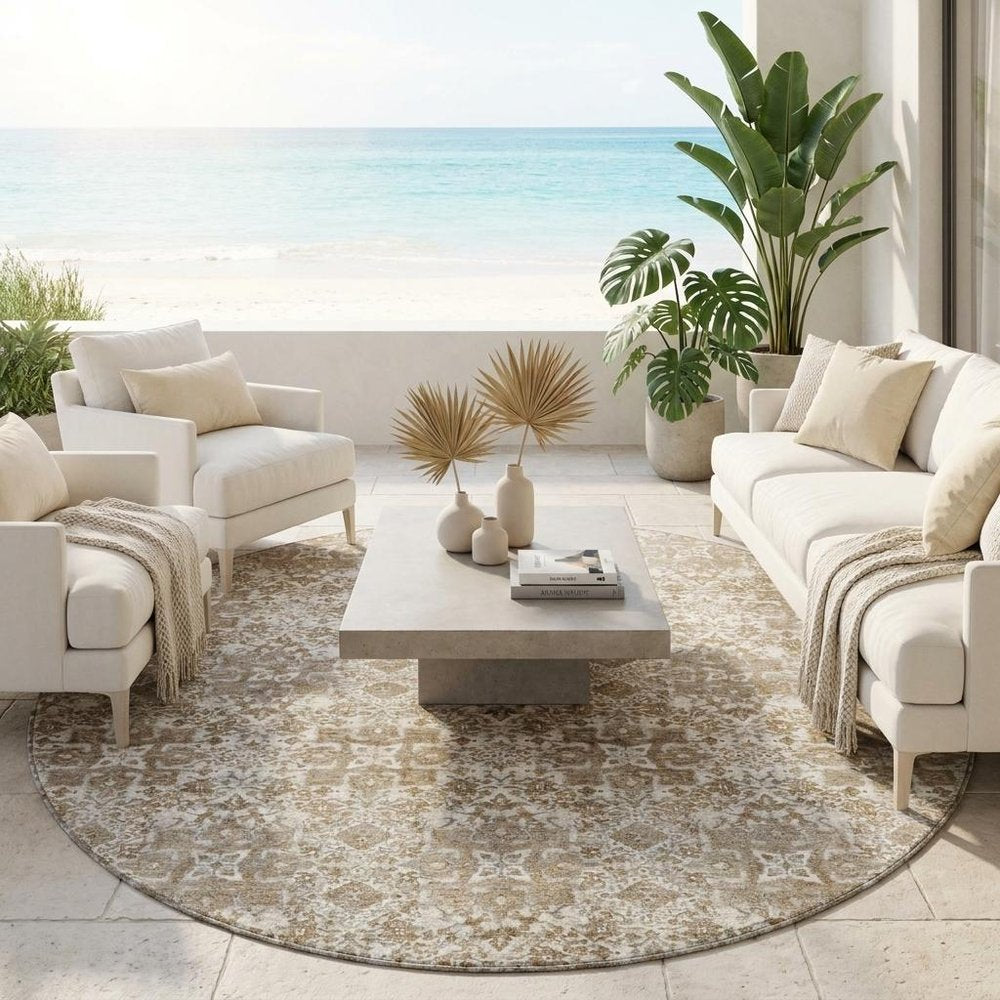 8' Beige And Brown Round Damask Washable Indoor Outdoor Area Rug HomeRoots